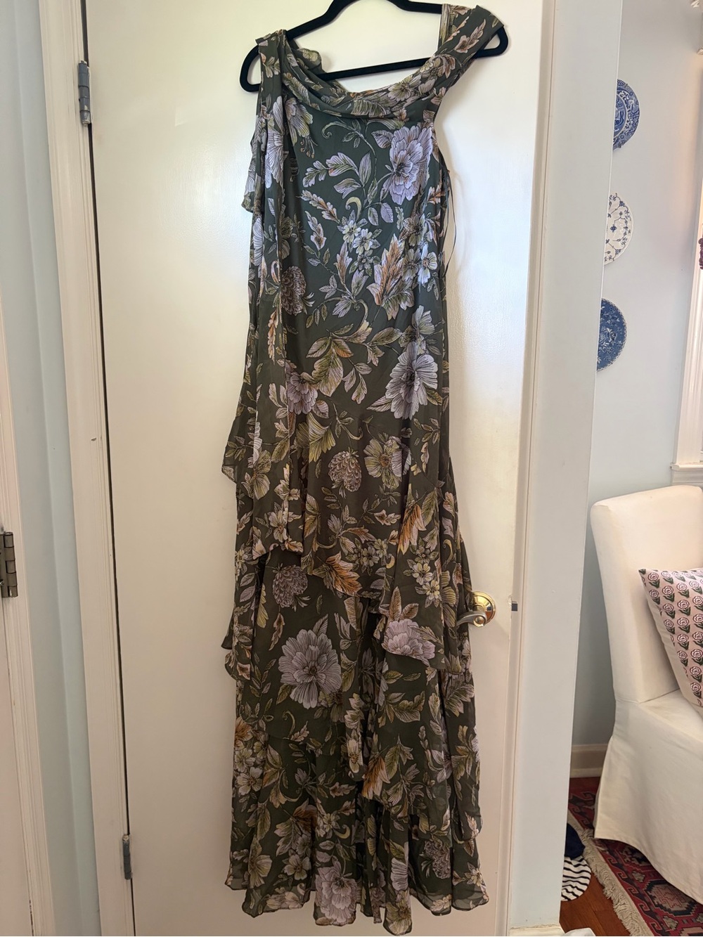 Lauren Ralph Lauren Olive Green Floral Ruffle Maxi Dress
